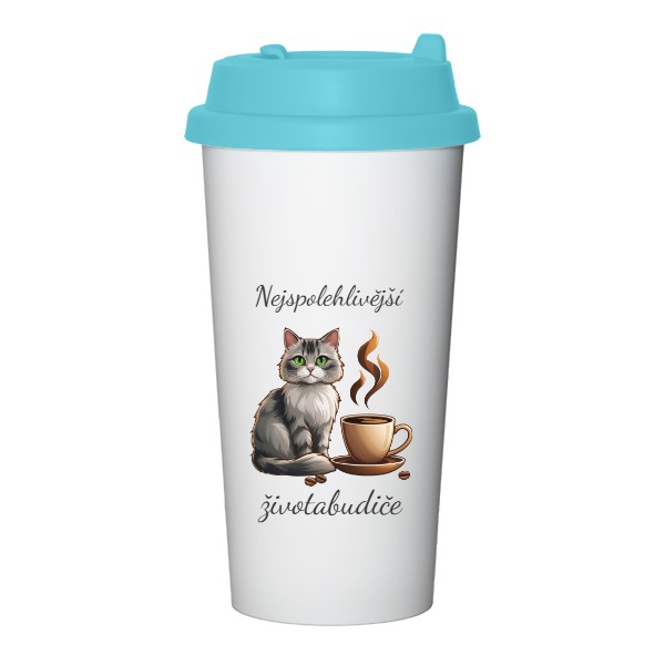 Cestovní termohrnek s potiskem Káva a kočka - nejspolehlivější života budiče 