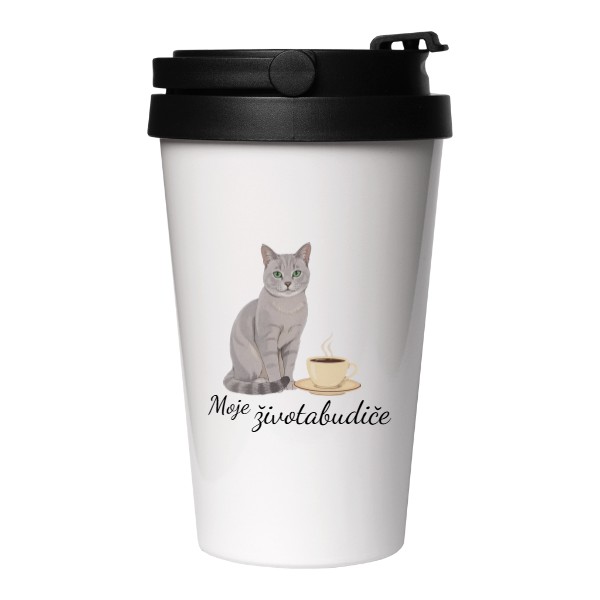 Cestovní nerezový hrnek s potiskem Kočka a káva - moje životabudiče