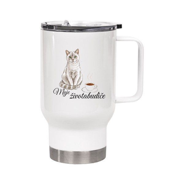 Cestovní termohrnek s uchem s potiskem Kočka a káva - moje životabudiče2