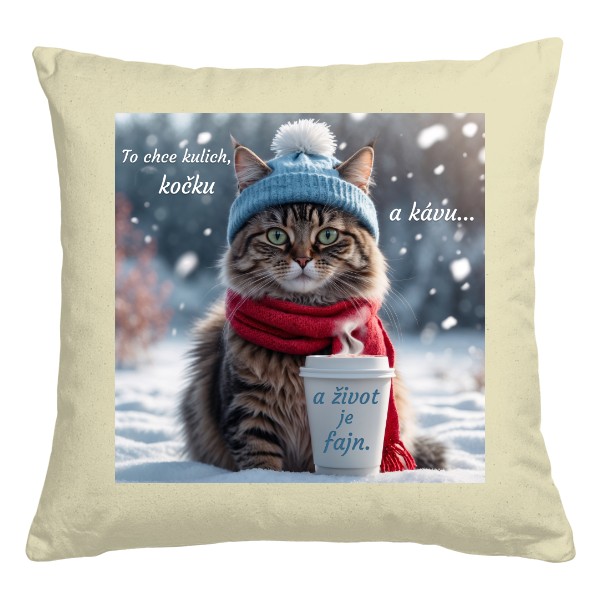 Polštář bavlněný  s potiskem To chce kulich, kávu a kočku